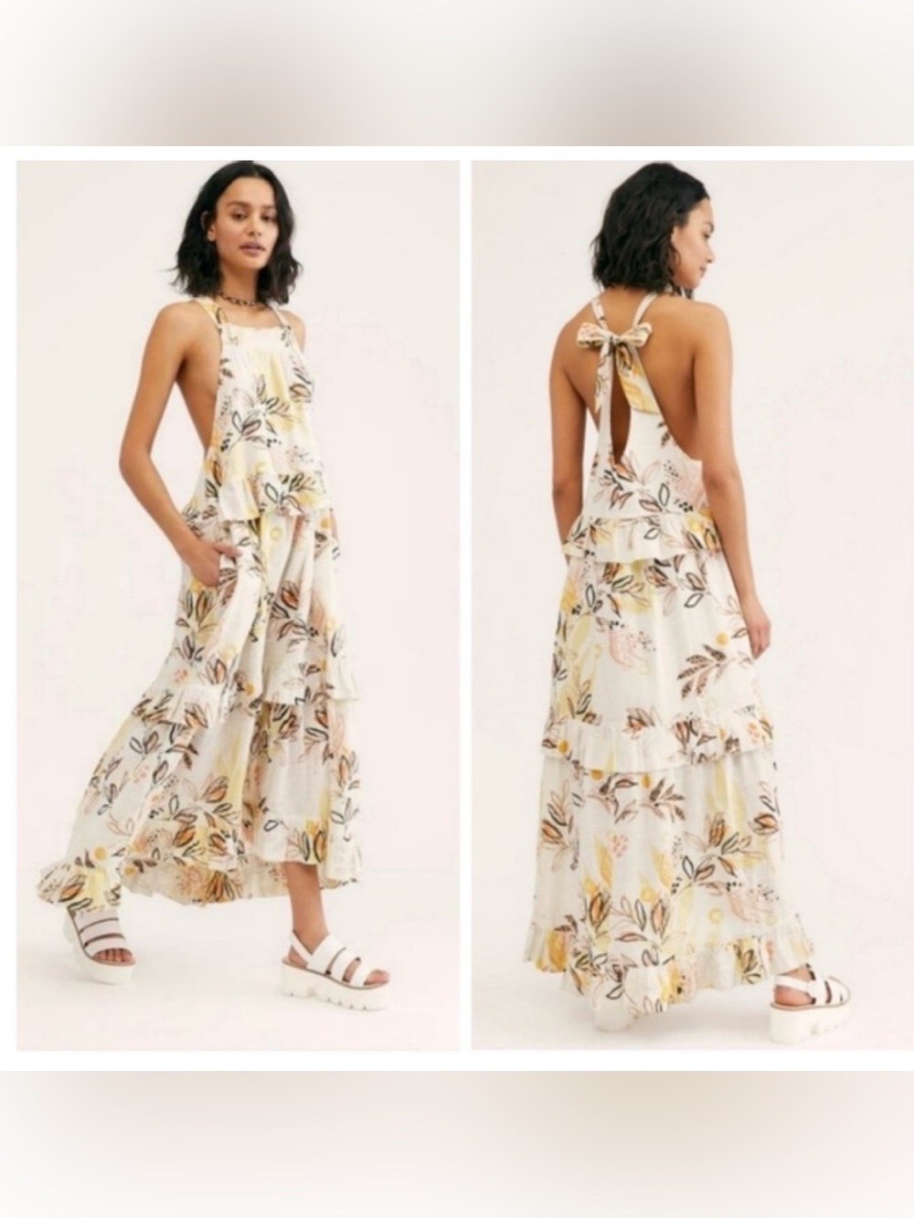 Free People Anita botanical tiered maxi dress in ivory combo.
